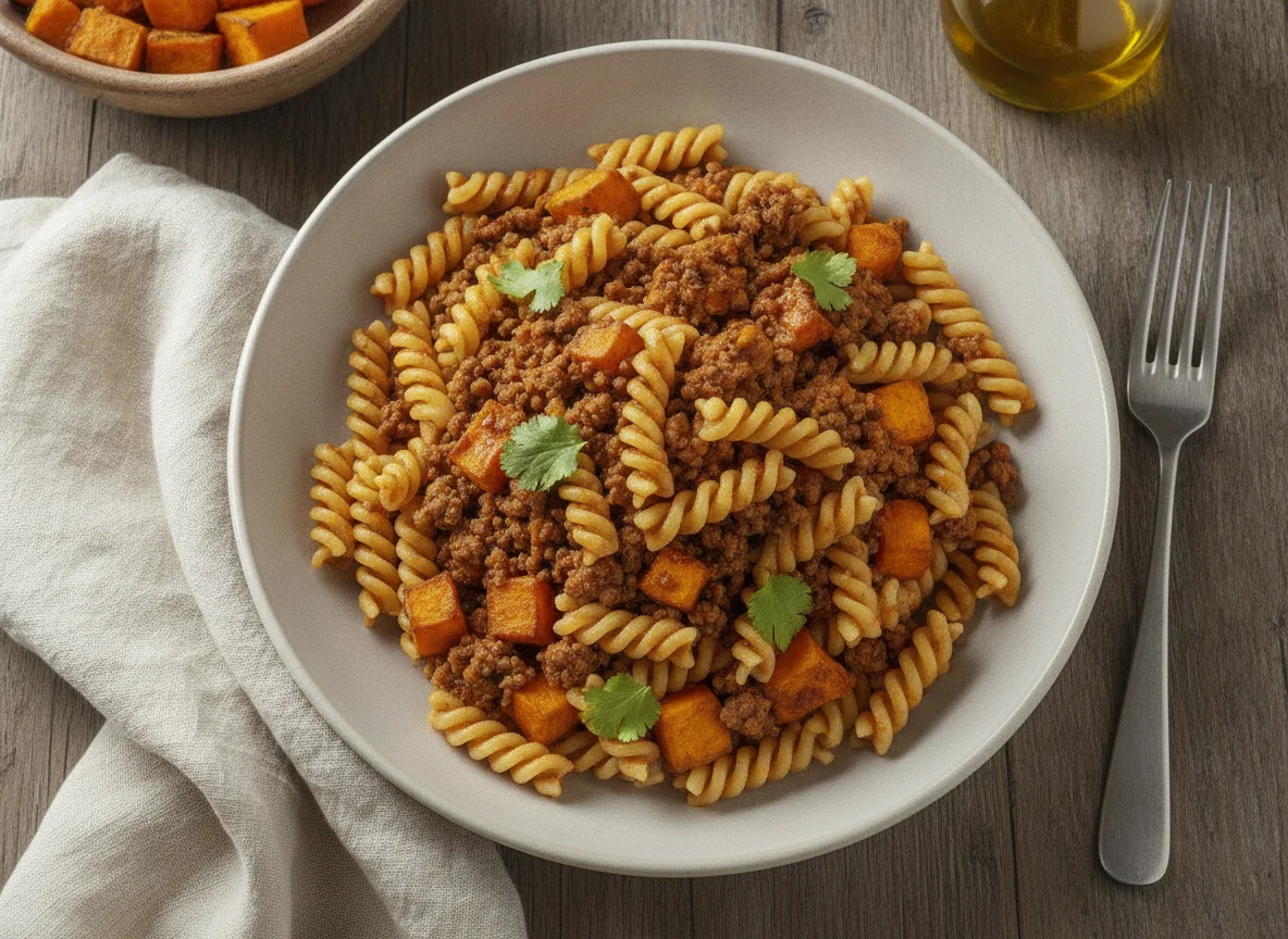 Pasta fusilli con carne picada y boniato asado photo