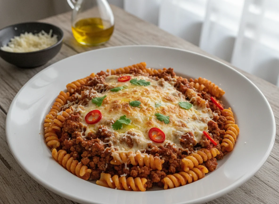 Pasta fusilli con carne picada y queso photo
