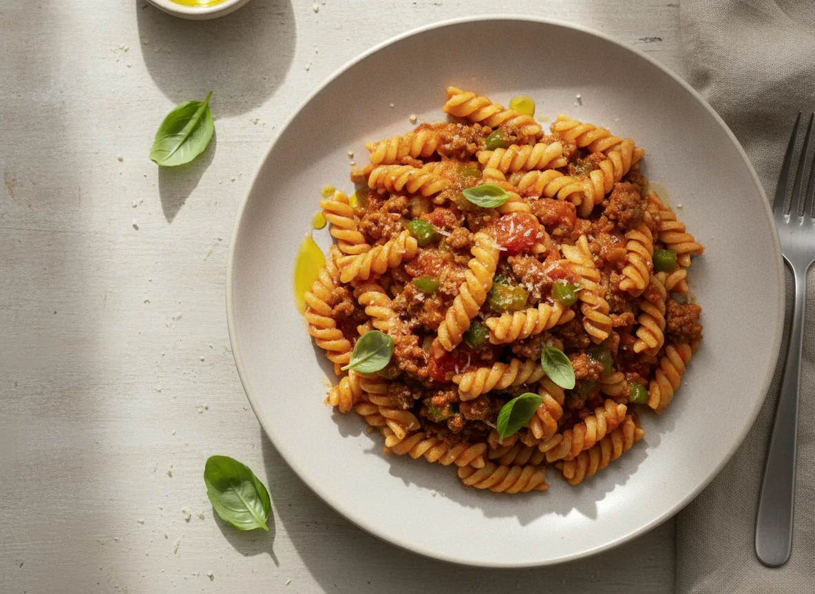 Pasta fusilli con carne picada y salsa de tomate photo
