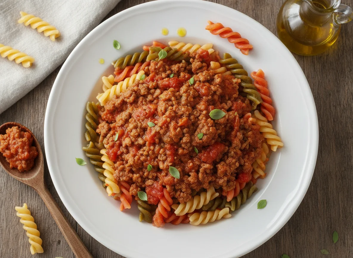 Pasta fusilli con carne picada y tomate photo