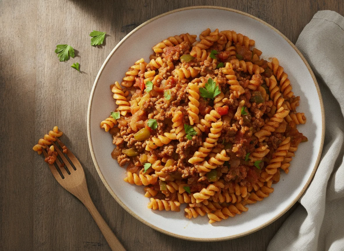 Pasta fusilli con carne picada y verduras photo
