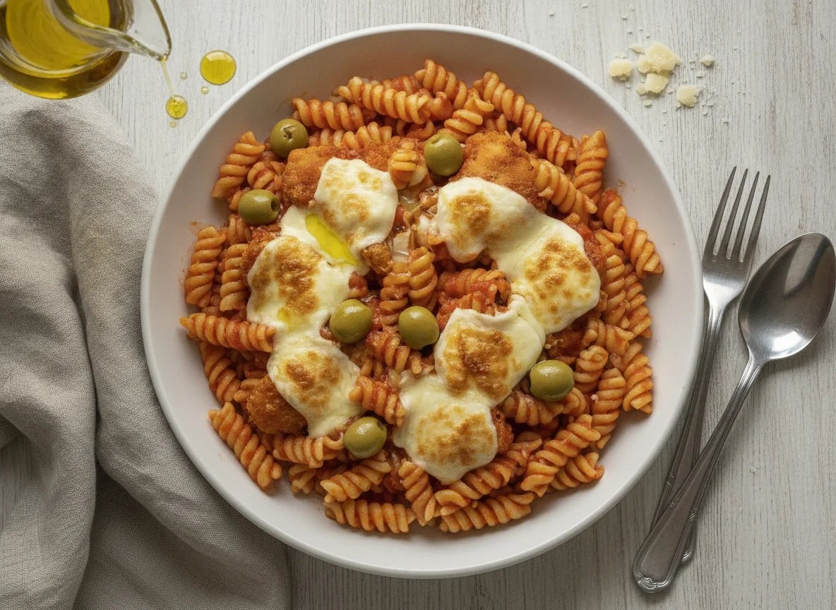Pasta fusilli con pollo a la parmesana y aceitunas photo