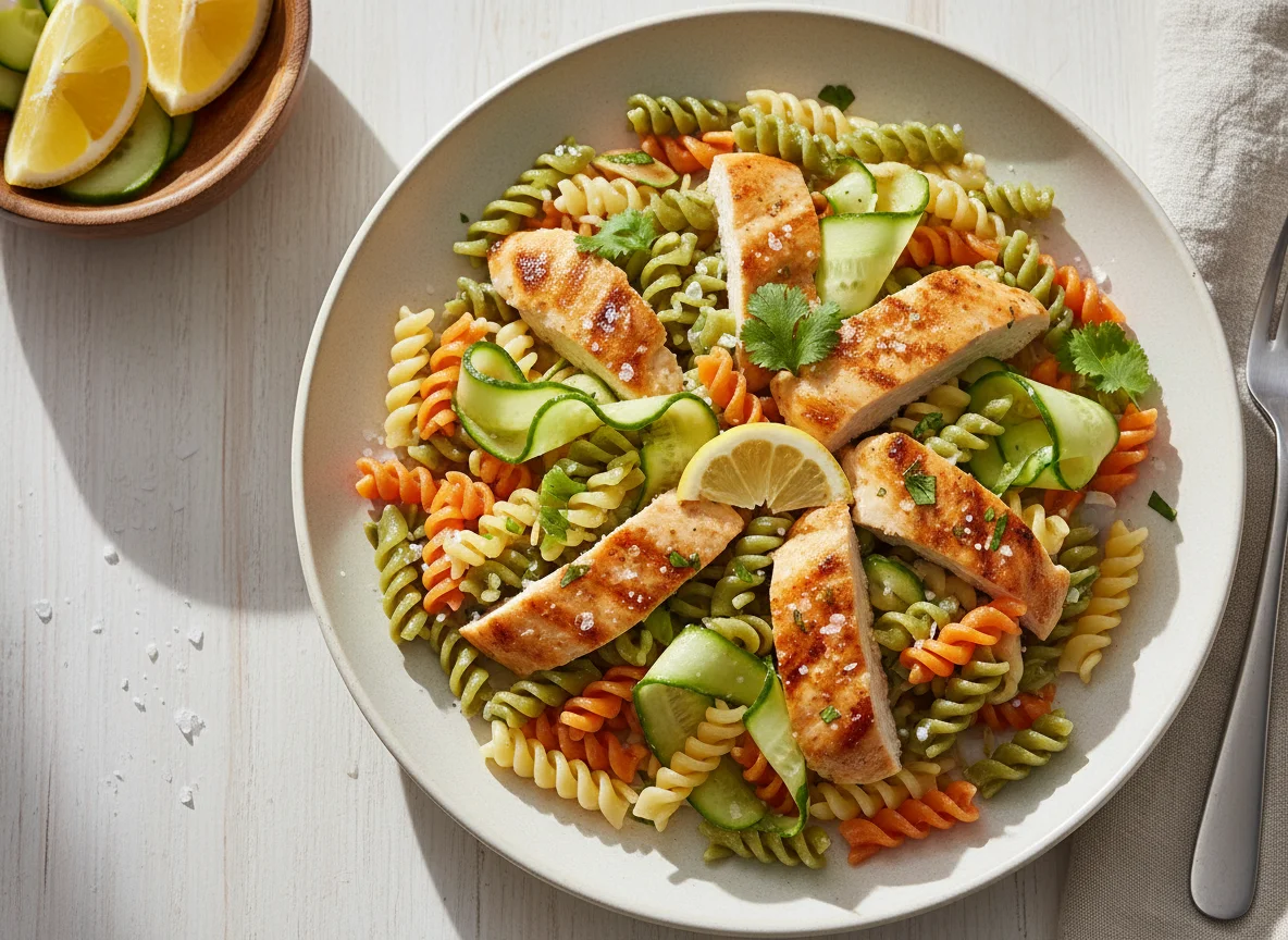 Pasta fusilli con pollo y ensalada de pepino photo