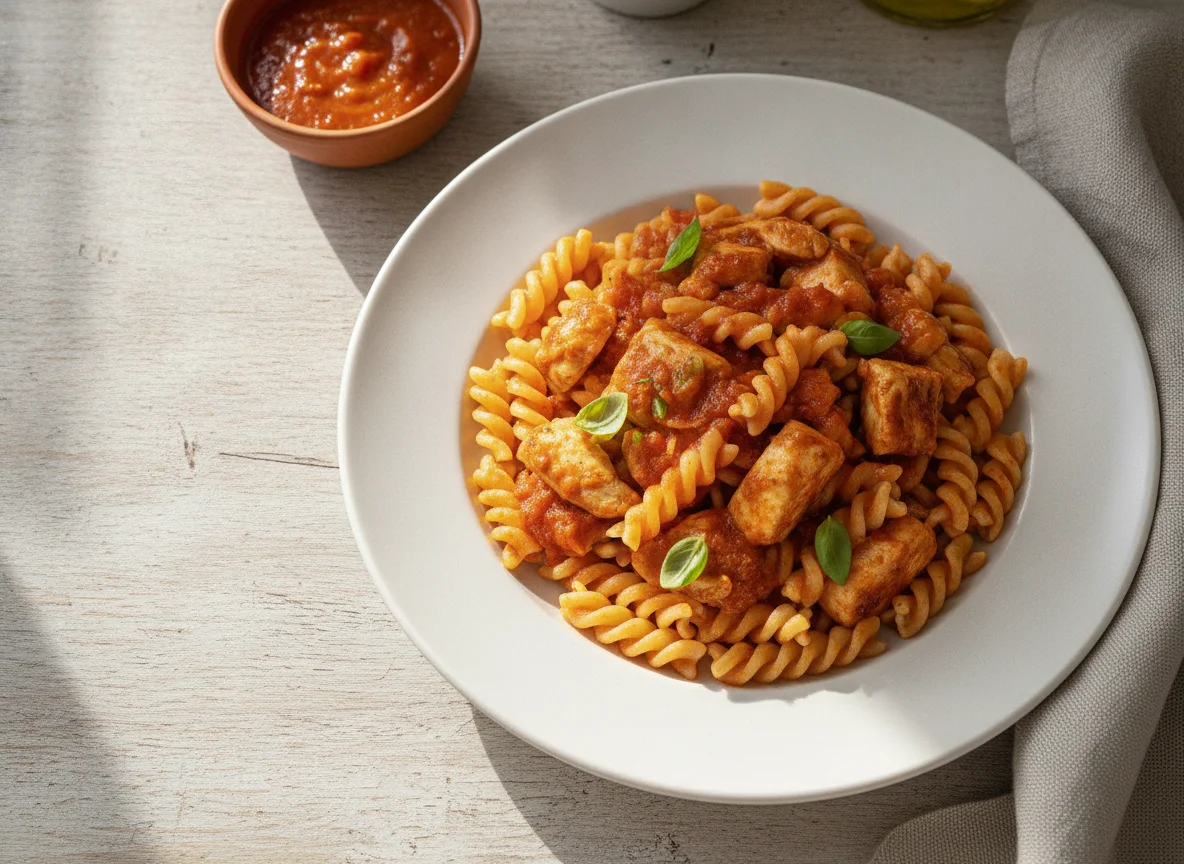 Pasta fusilli con pollo y salsa de tomate photo