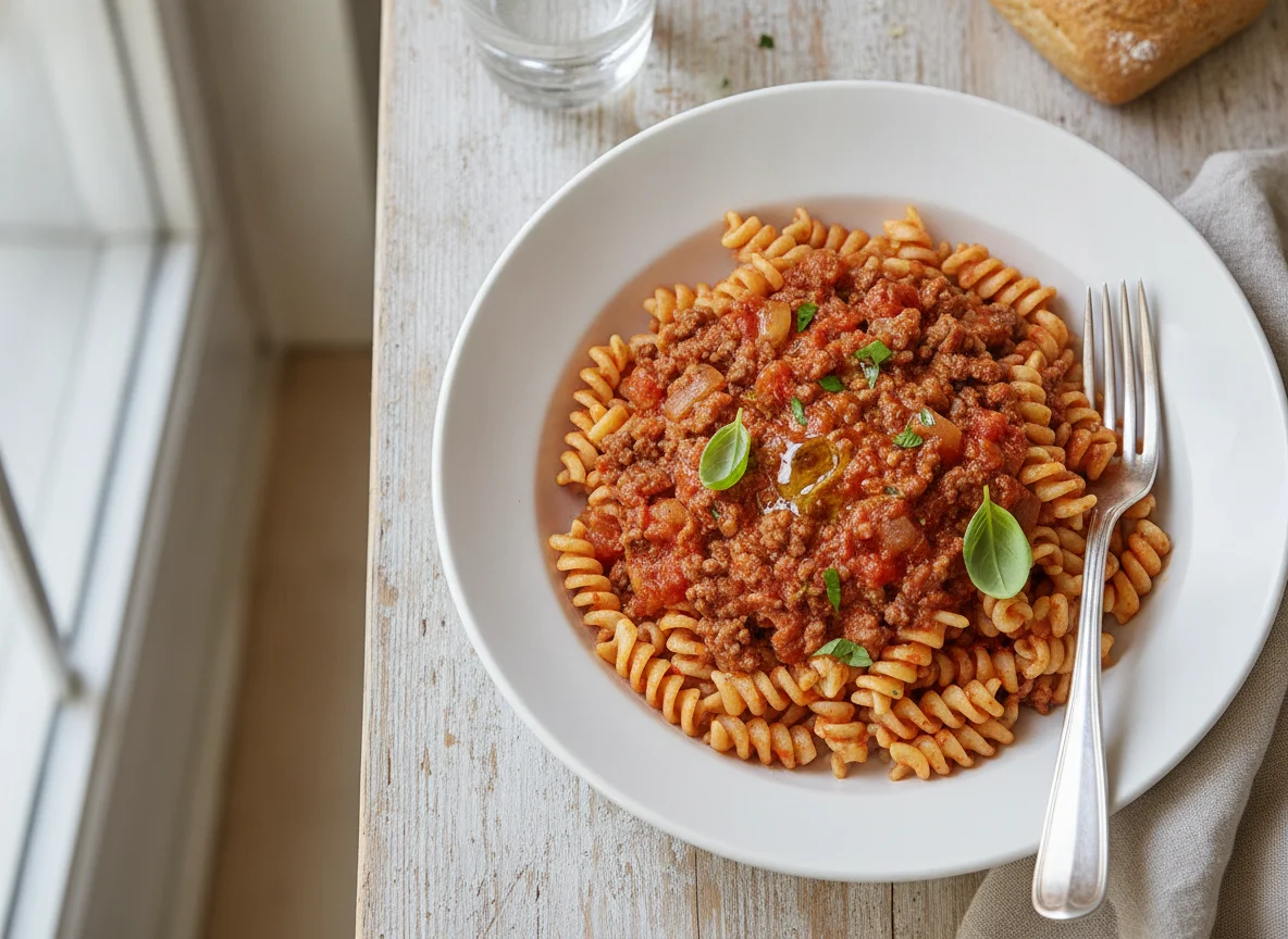 Pasta fusilli con salsa boloñesa photo