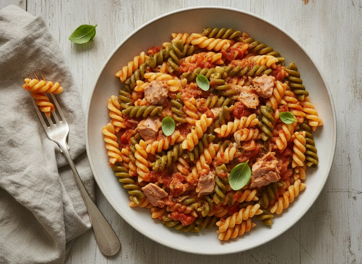 Pasta fusilli con salsa de tomate y atún photo