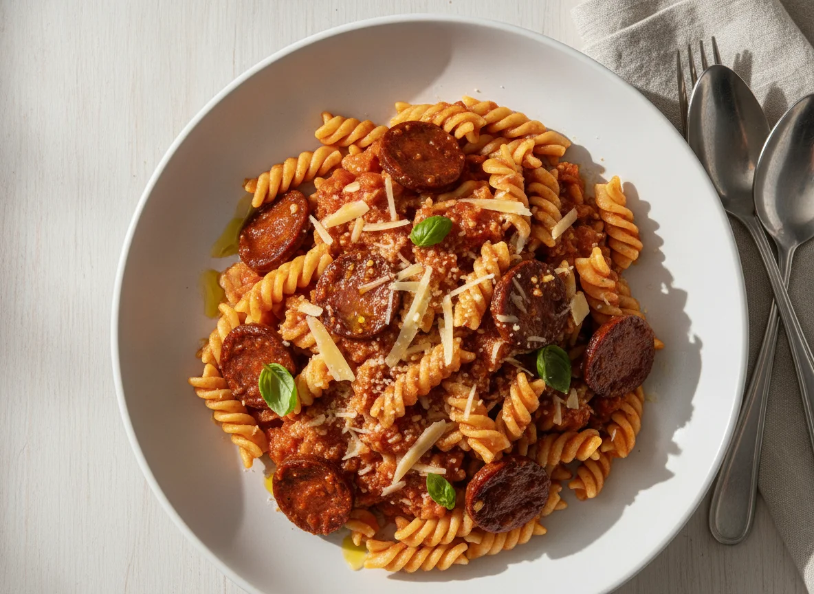 Pasta fusilli con salsa de tomate y chorizo photo