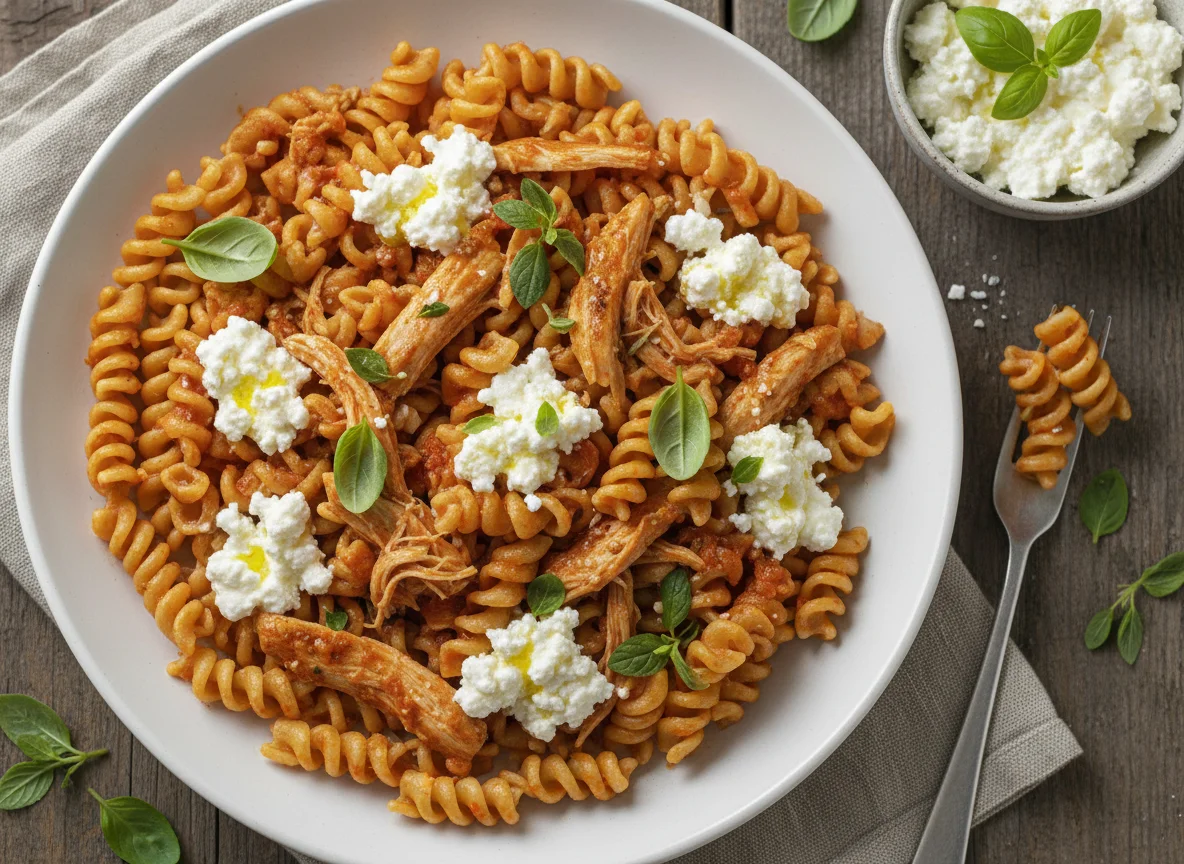 Pasta fusilli con salsa de tomate y queso cottage photo