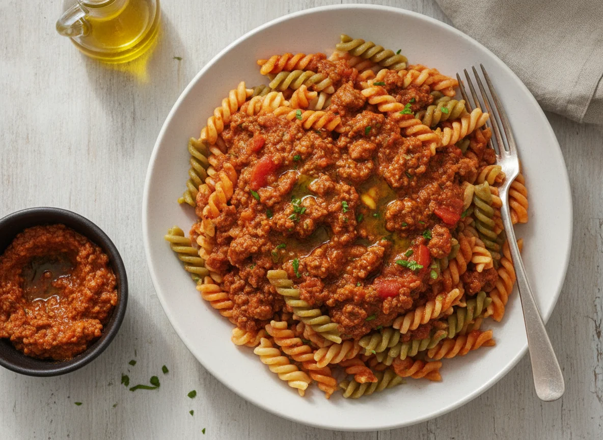 Pasta fusilli tricolor con salsa boloñesa photo