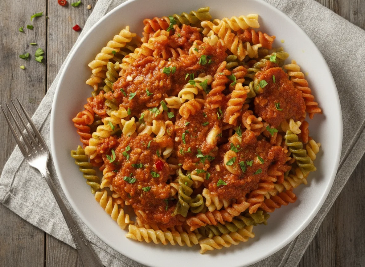 Pasta fusilli tricolor con salsa de tomate photo