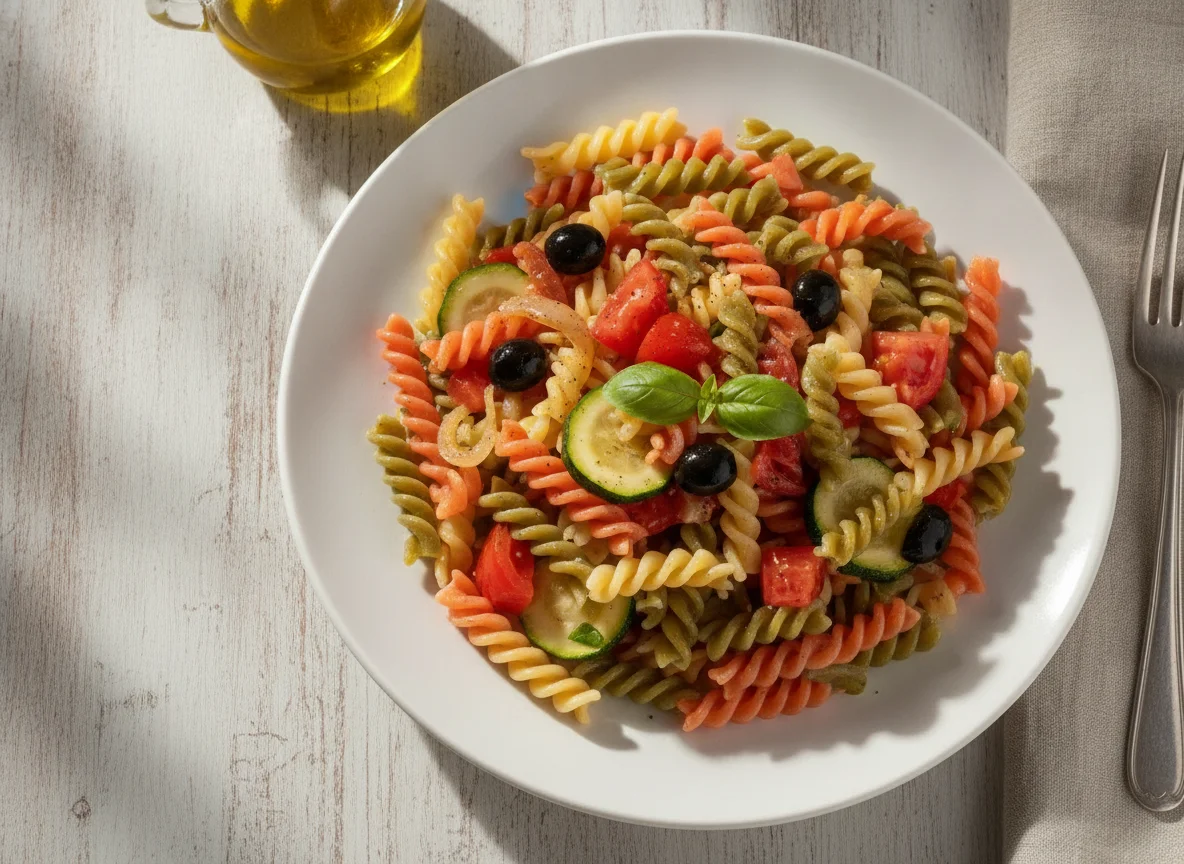 Pasta fusilli tricolor con verduras y aceitunas photo