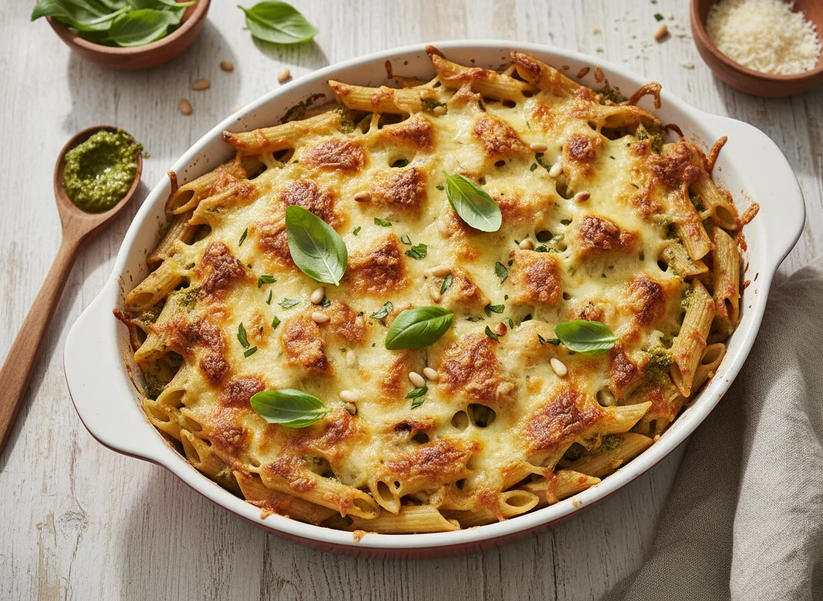 Pasta gratinada con pollo y pesto photo