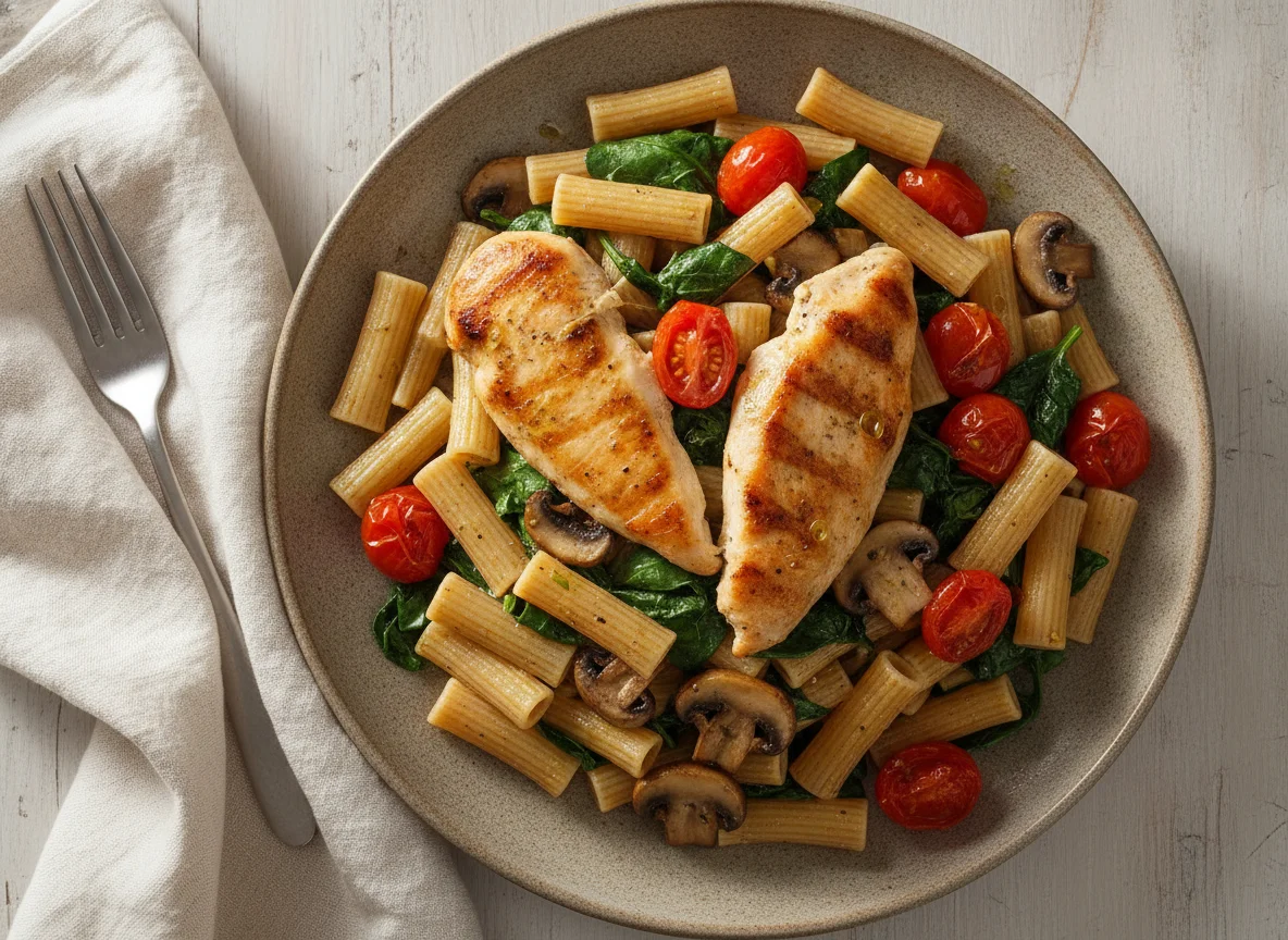 Pasta integral con pollo, espinacas, champiñones y tomates cherry photo