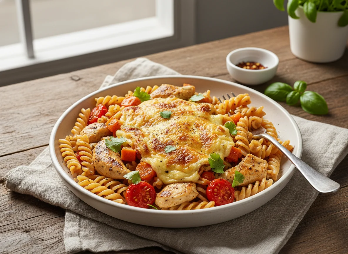 Pasta integral con pollo, zanahoria y tomate gratinado photo