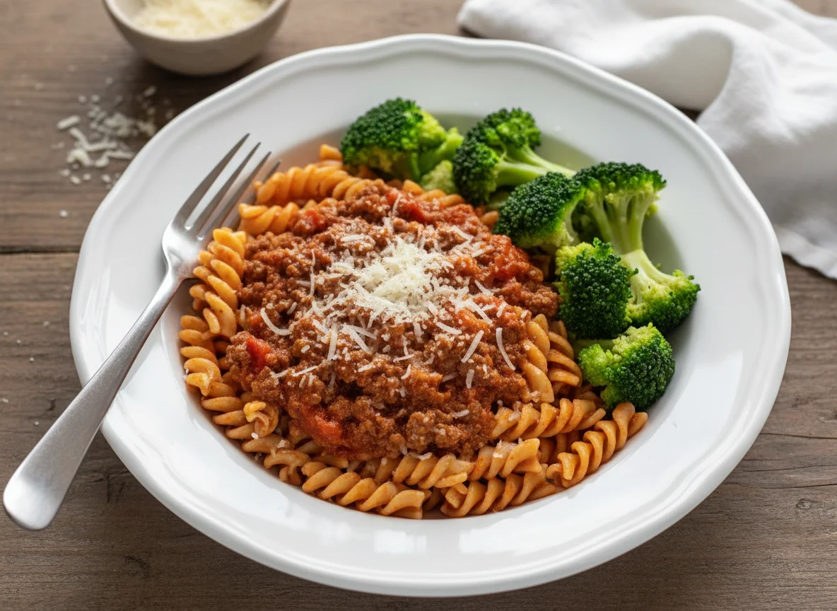 Pasta integral con salsa boloñesa y brócoli photo