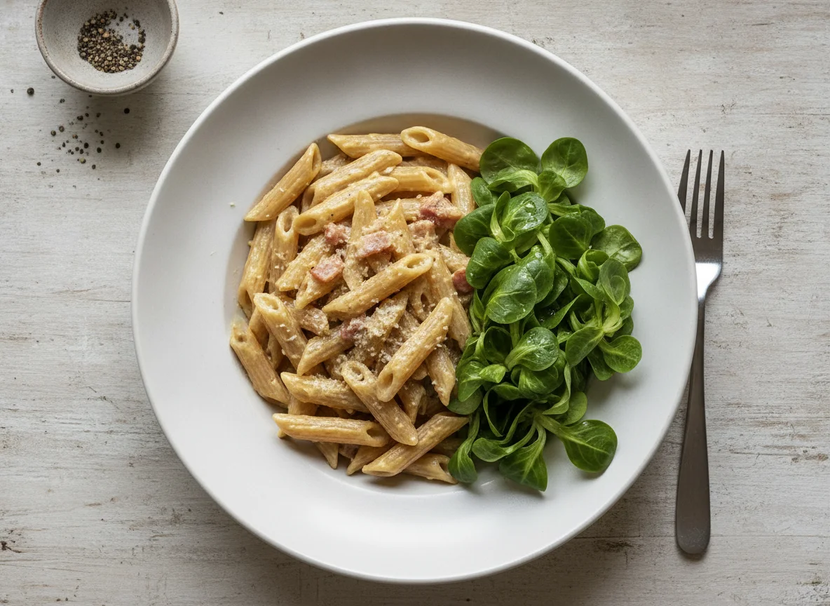 Pasta integral con salsa carbonara y canónigos photo