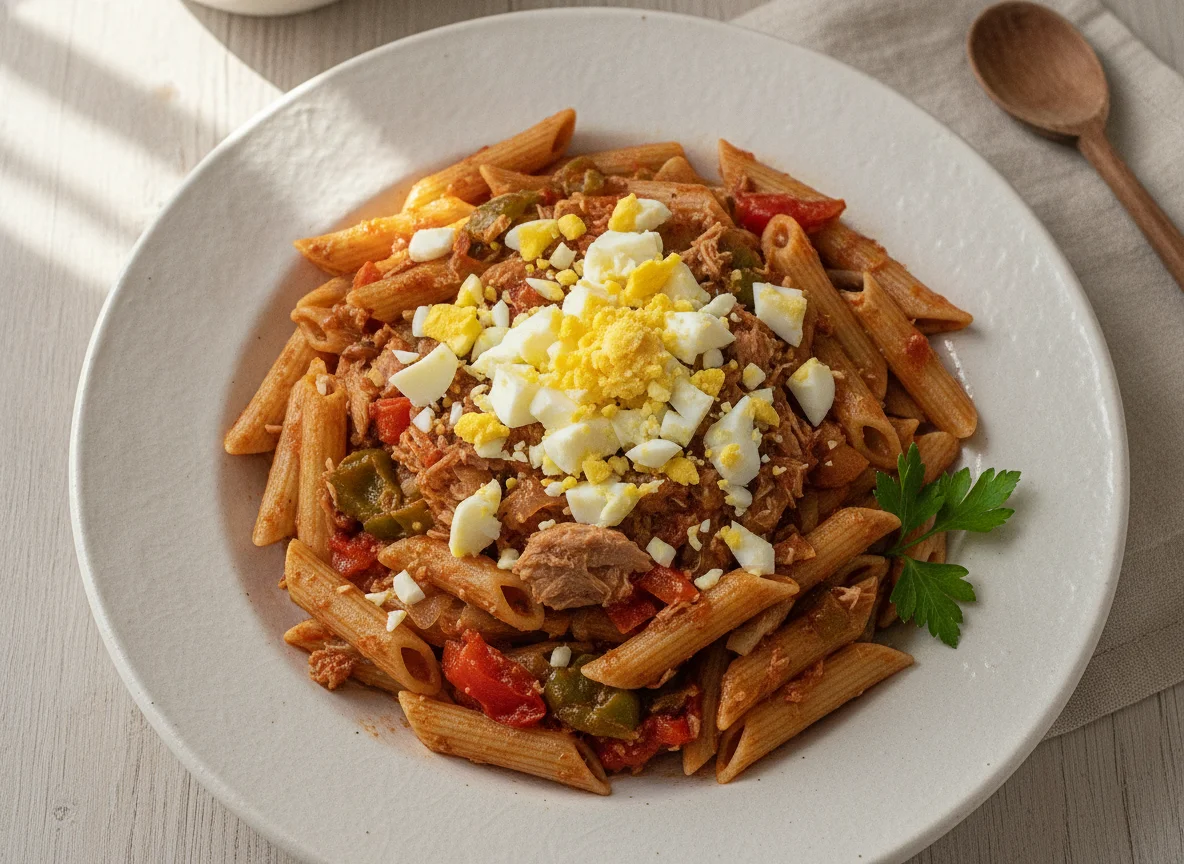 Pasta integral con sofrito de atún y verduras photo