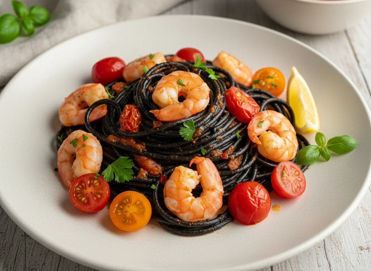 Pasta negra con gambas y tomates cherry photo