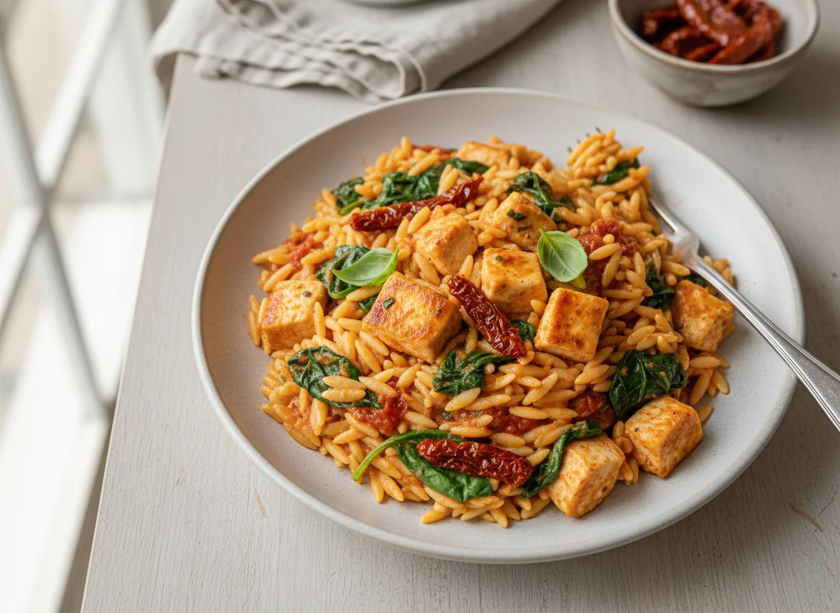 Pasta Orzo Cremosa con Pollo y Espinacas photo