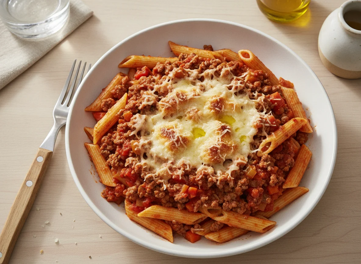 Pasta penne boloñesa sin gluten con queso photo