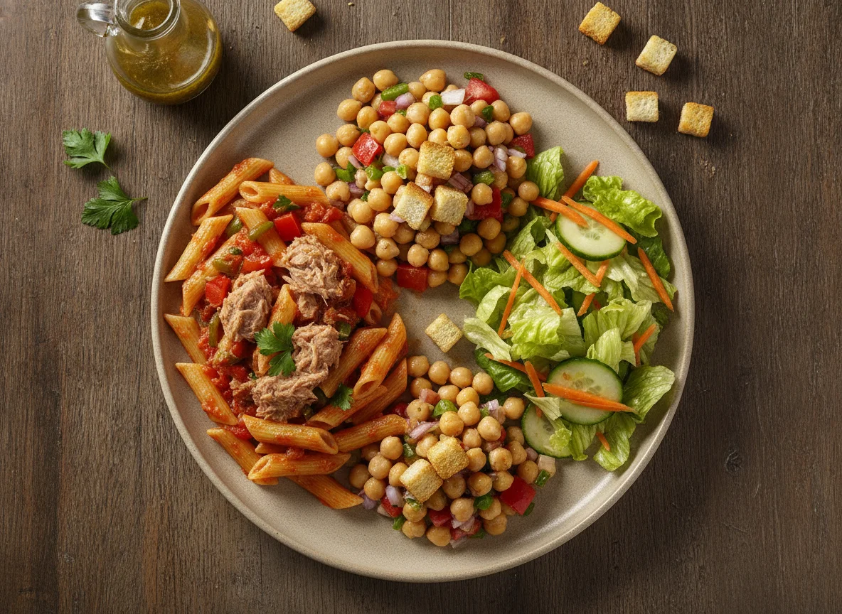 Pasta penne con atún, ensalada de garbanzos y ensalada verde photo