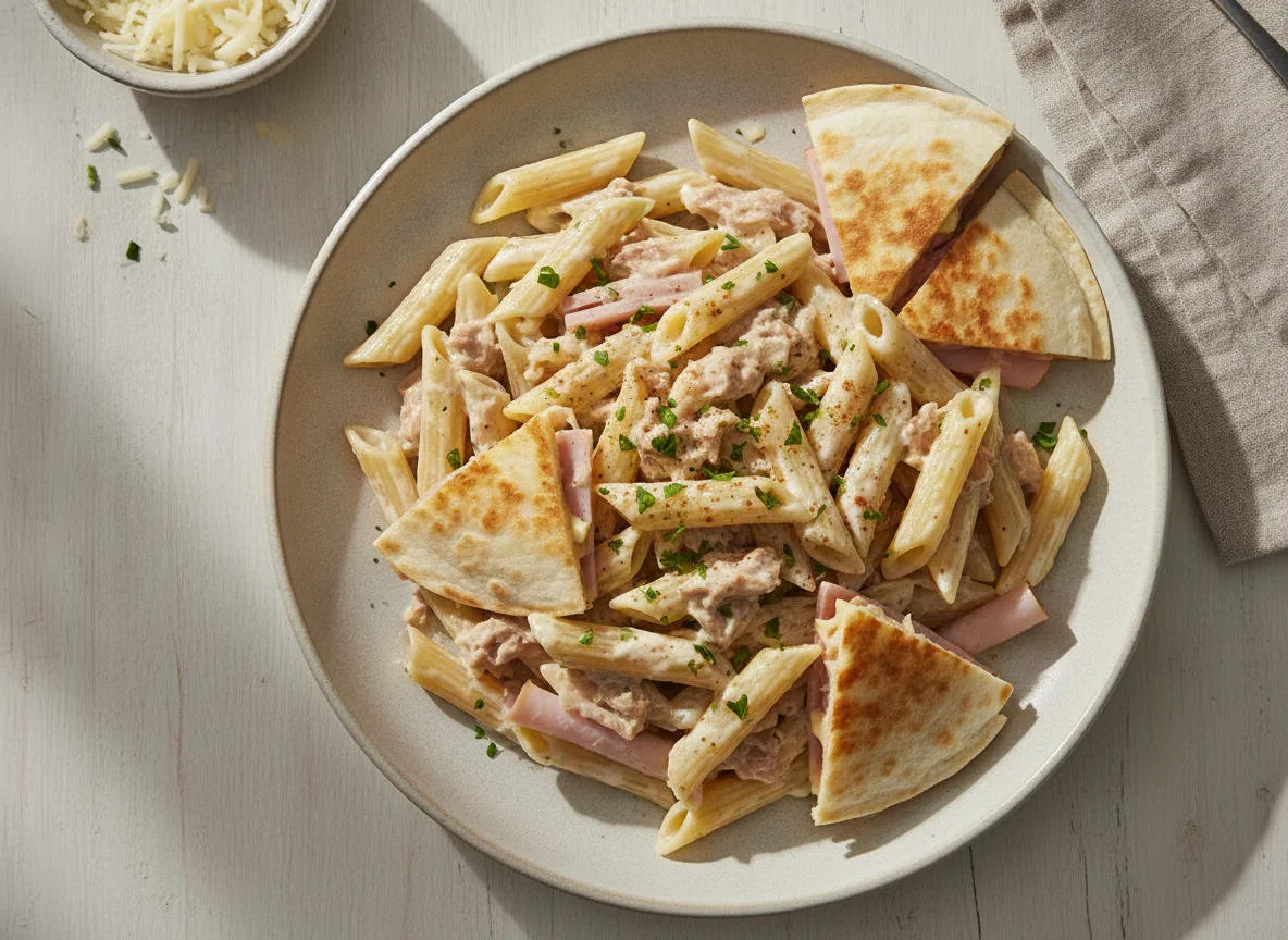 Pasta penne con atún y quesadilla photo