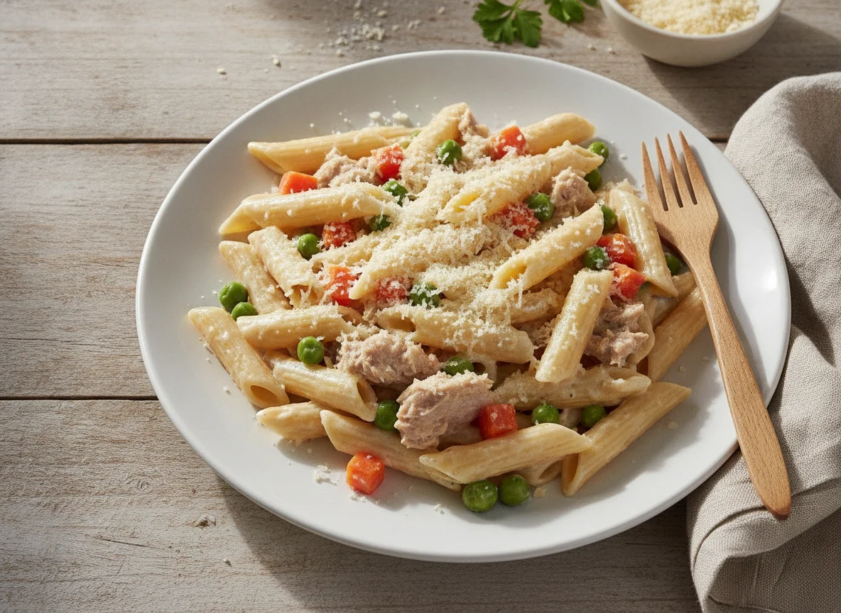 Pasta penne con atún y queso photo