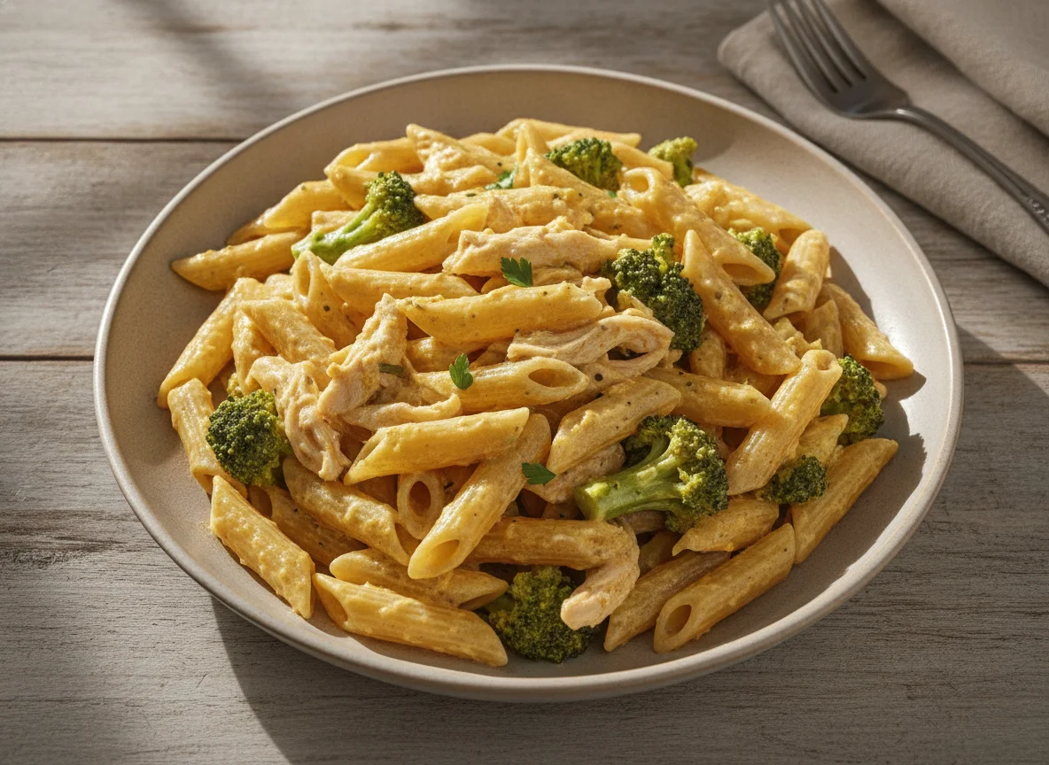 Pasta penne con brócoli y pollo en salsa cremosa photo