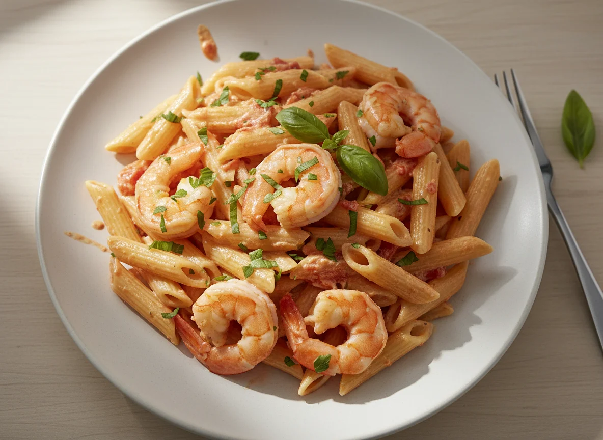 Pasta Penne con Camarones en Salsa Rosada photo
