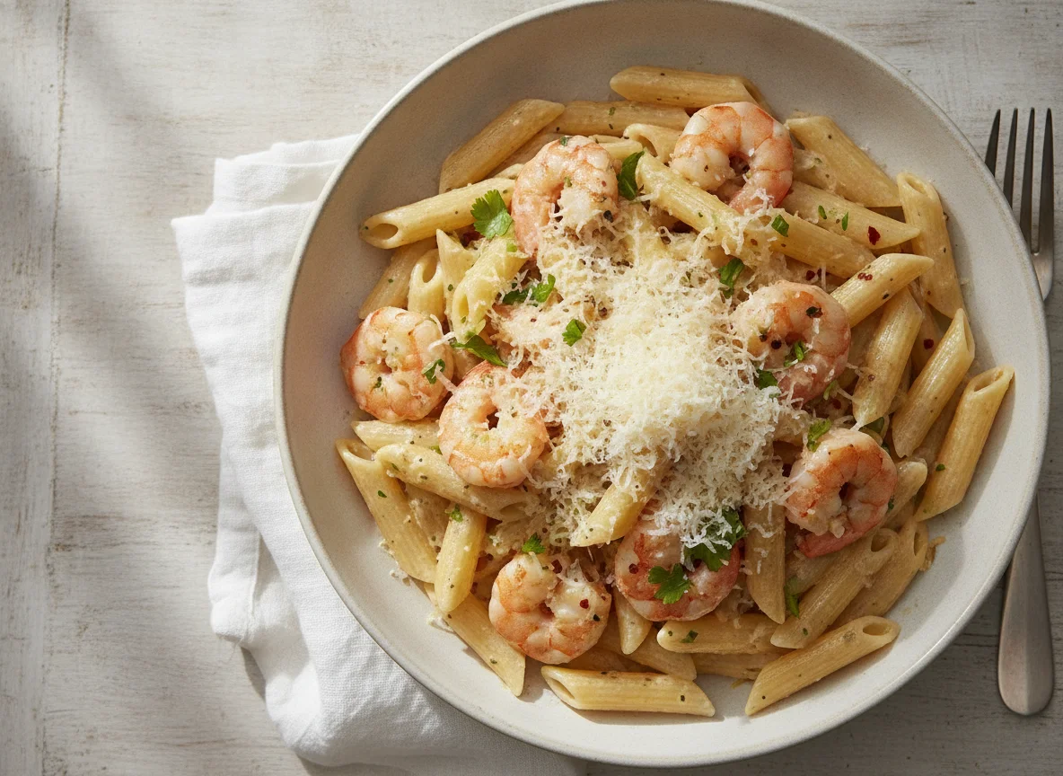 Pasta penne con camarones y queso parmesano photo