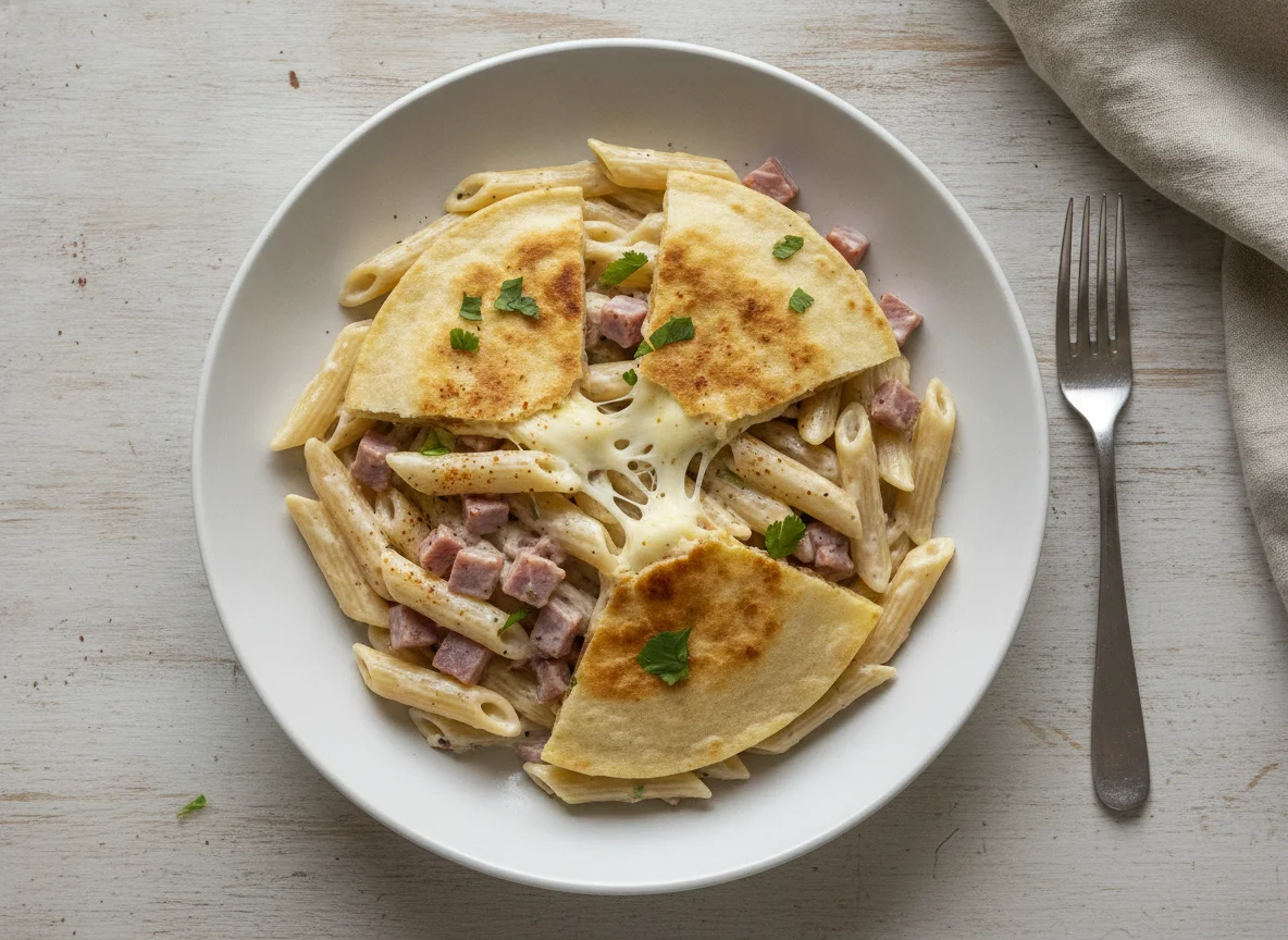 Pasta penne con crema, jamón y quesadilla photo