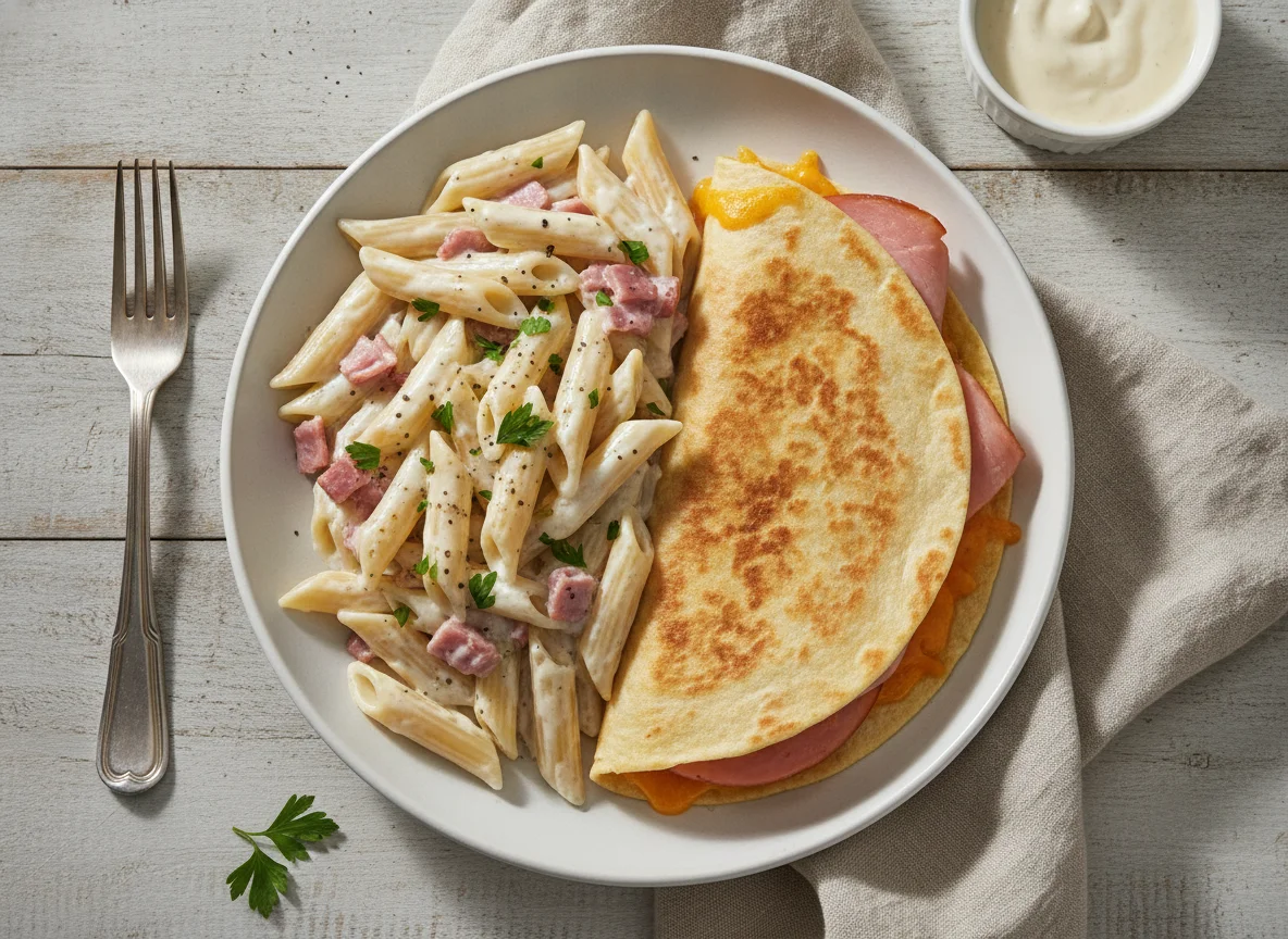 Pasta penne con crema, quesadilla y jamón photo