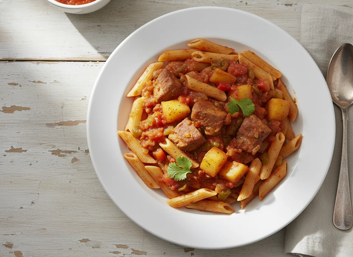 Pasta Penne con Estofado de Cerdo y Papas photo