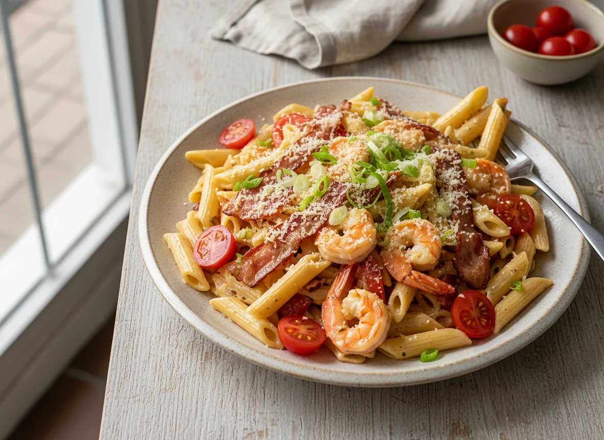 Pasta Penne con Gambas, Bacon y Salsa Cremosa photo