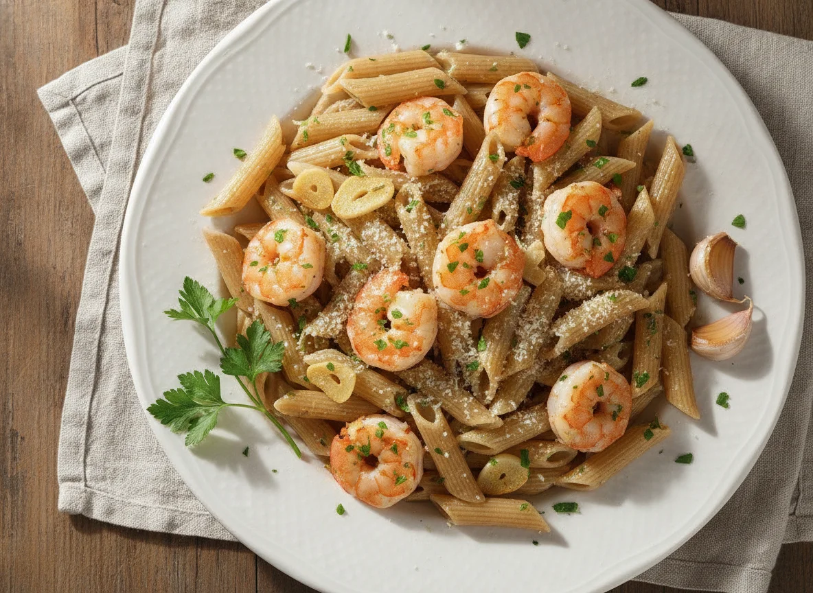 Pasta penne con gambas y ajo photo