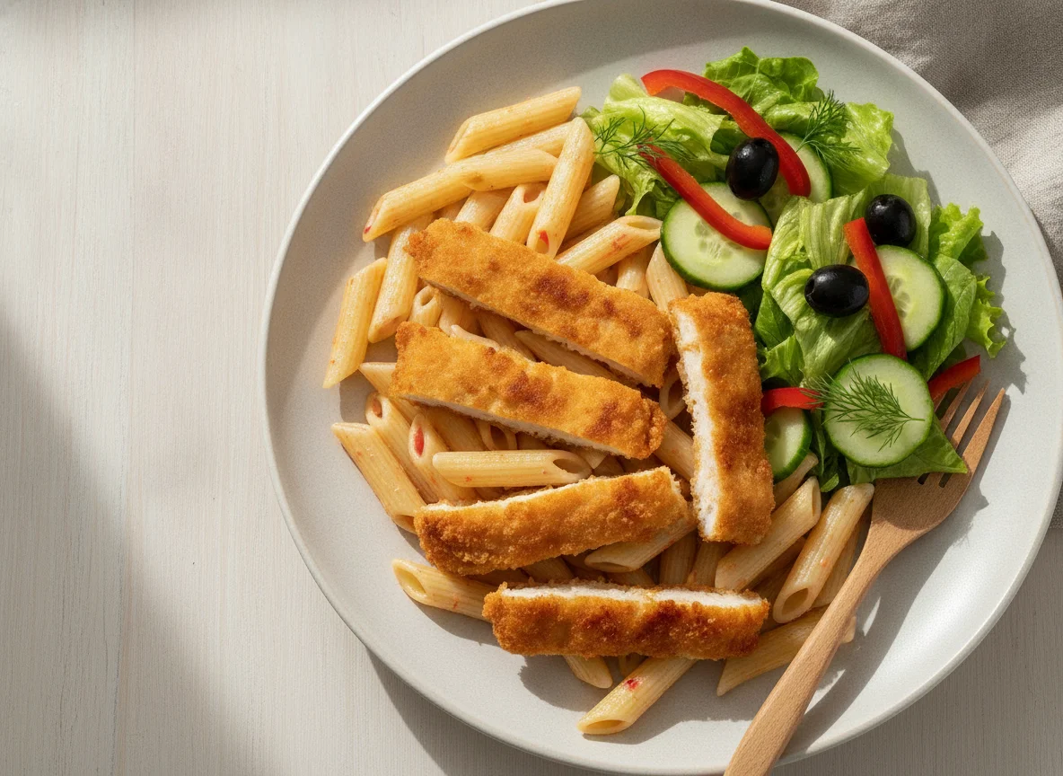 Pasta penne con milanesa de pollo y ensalada fresca photo