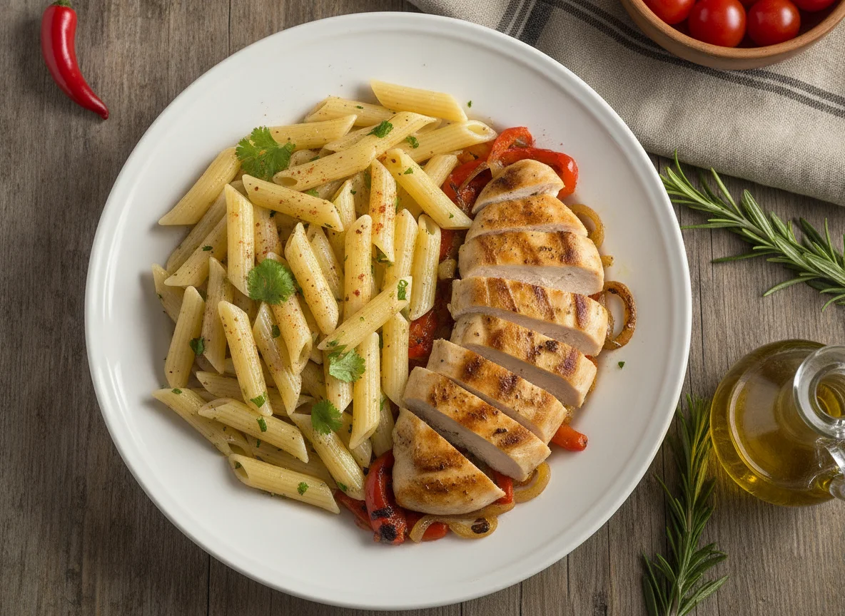 Pasta penne con pechuga de pollo photo