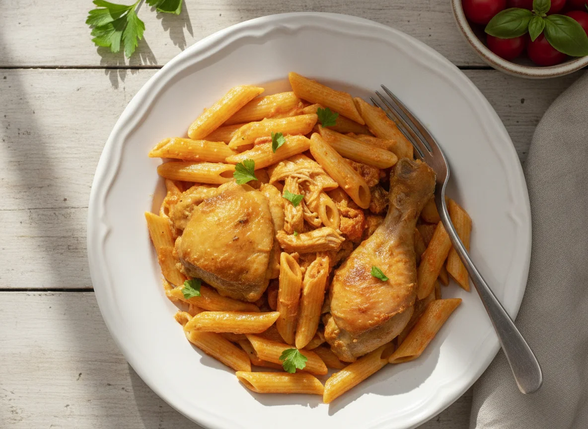 Pasta penne con pollo guisado photo