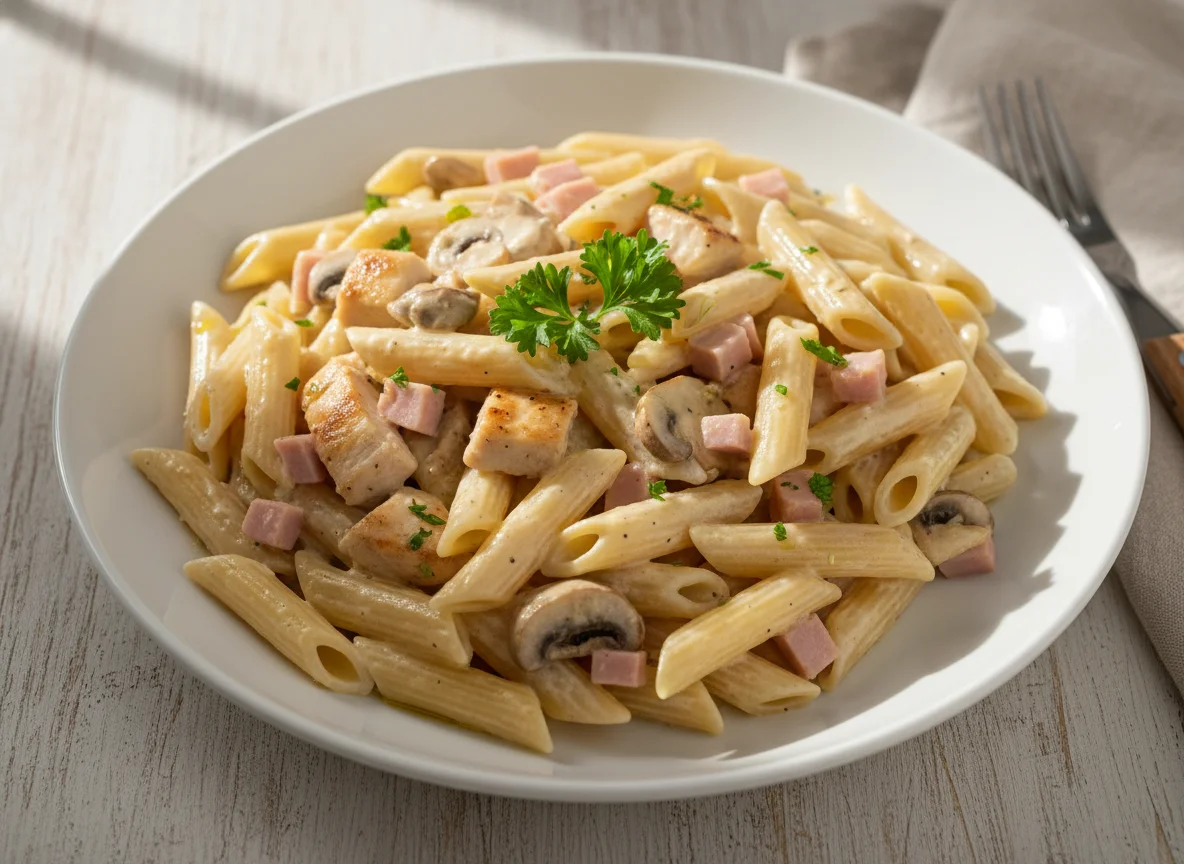 Pasta Penne con Pollo, Jamón y Champiñones en Salsa Cremosa photo