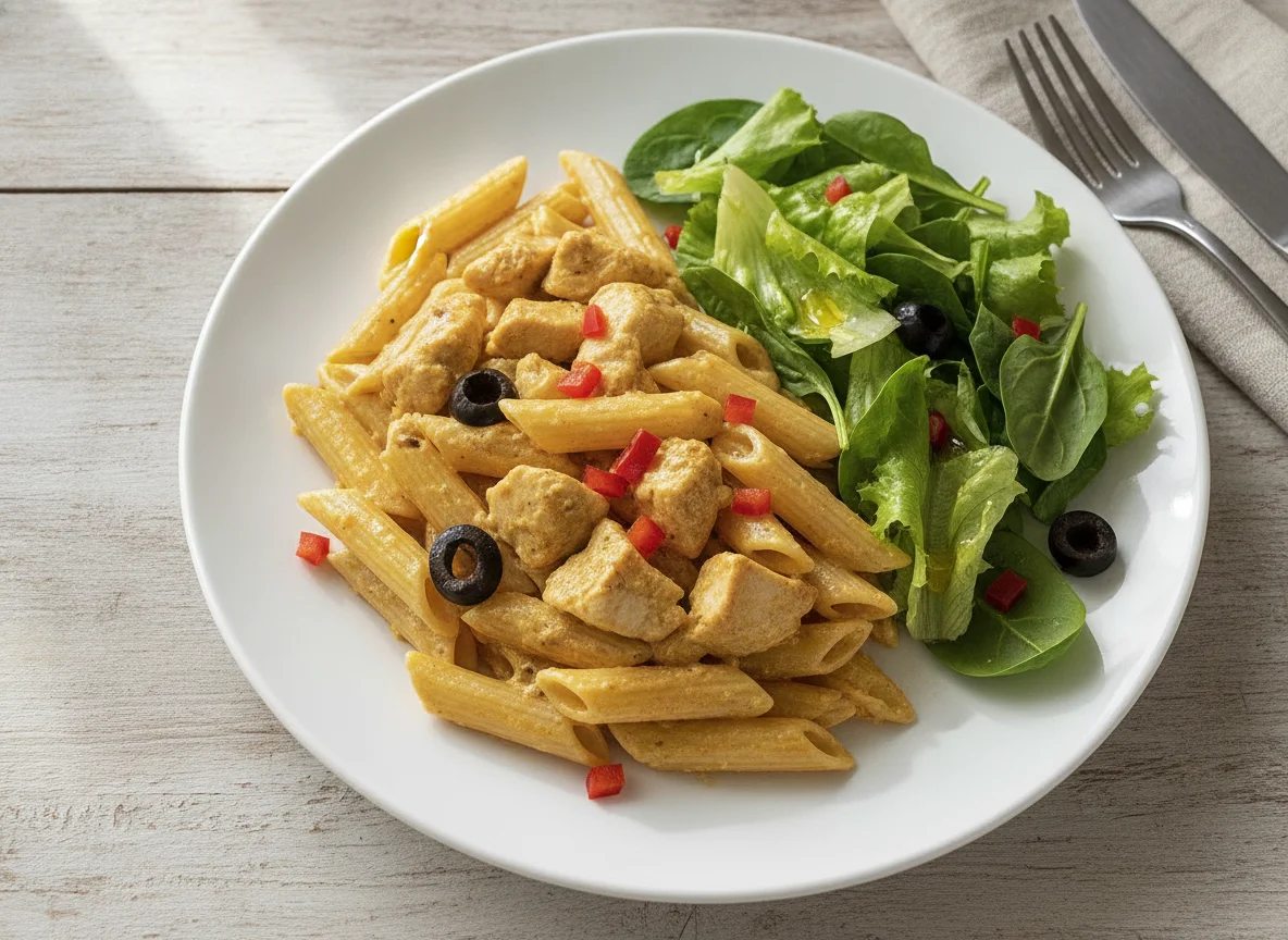 Pasta penne con pollo y ensalada verde photo