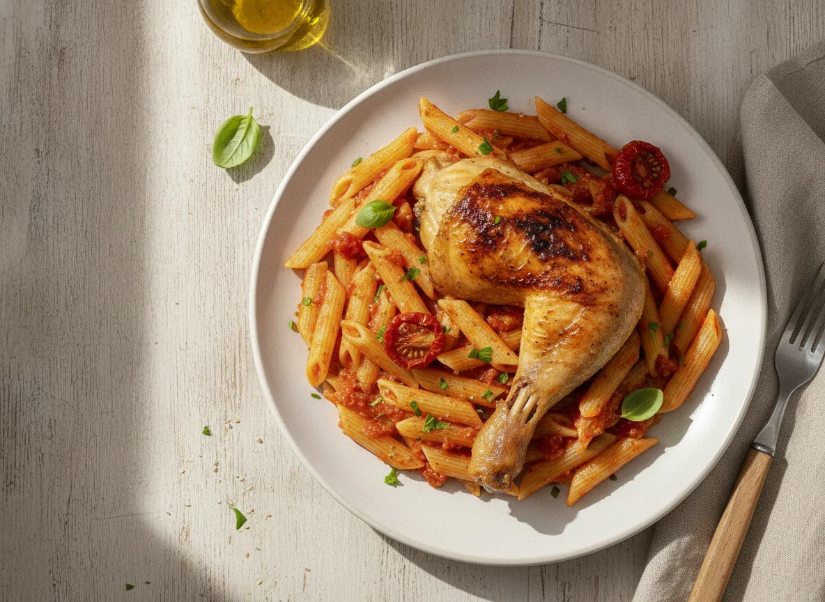 Pasta penne con pollo y salsa de tomate photo