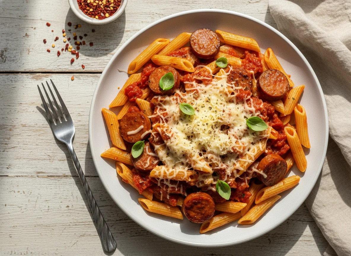Pasta Penne con Salchichas y Queso photo