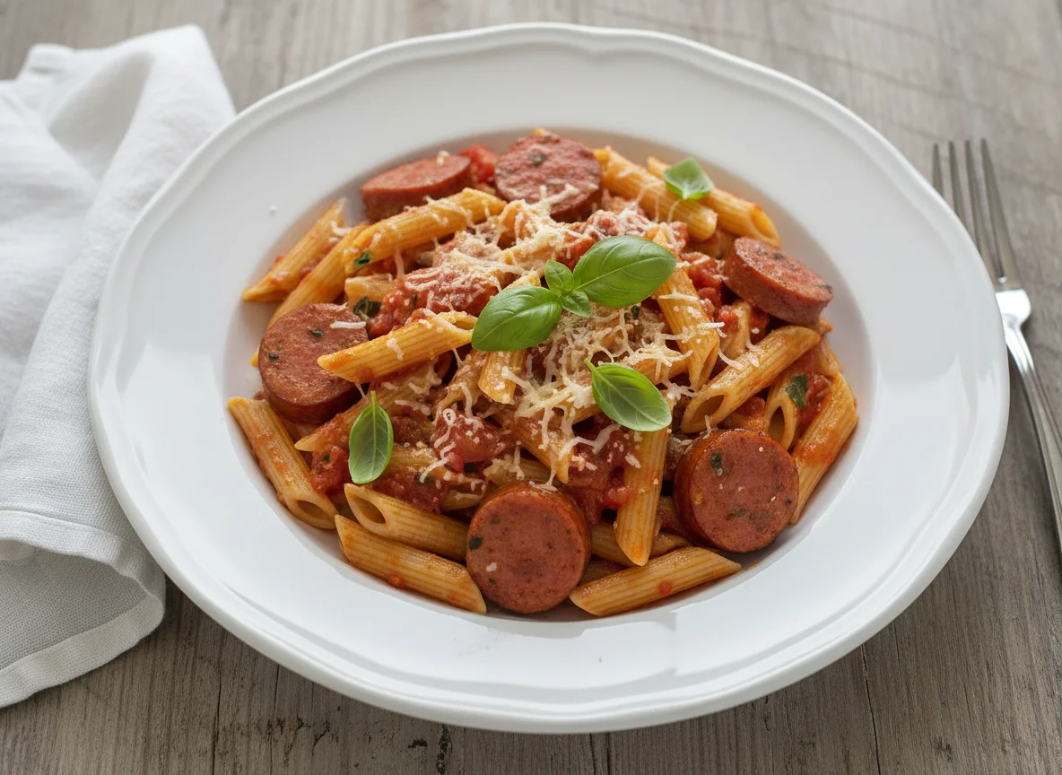 Pasta Penne con Salchichas y Tomate photo