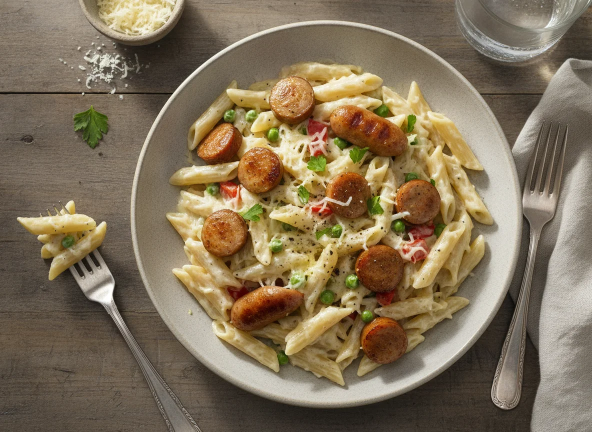 Pasta penne con salsa de nata y salchichas photo