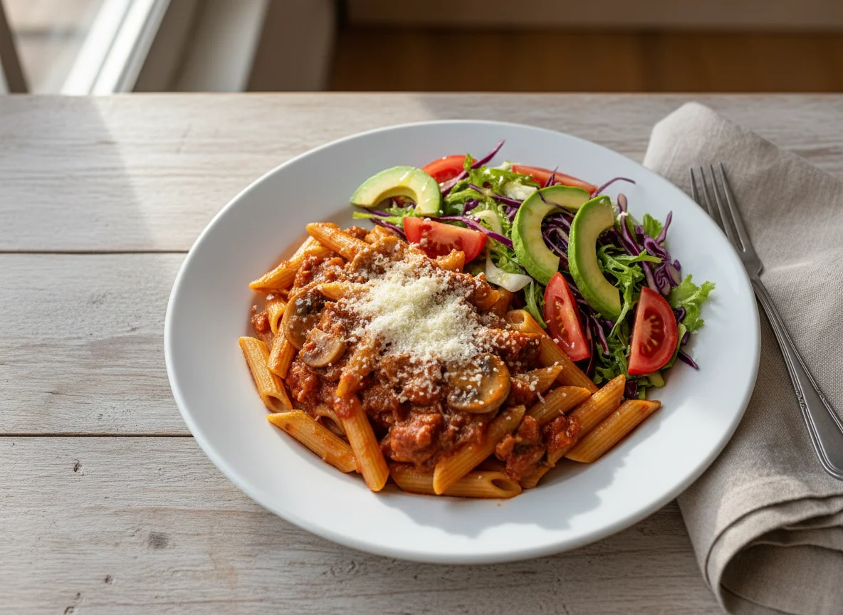 Pasta penne con salsa de tomate, ensalada de repollo, tomate y palta photo