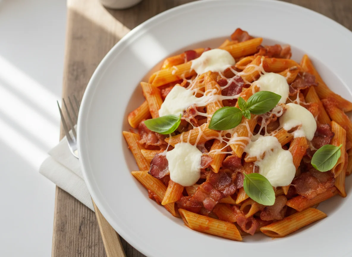 Pasta Penne con Tomate y Bacon photo