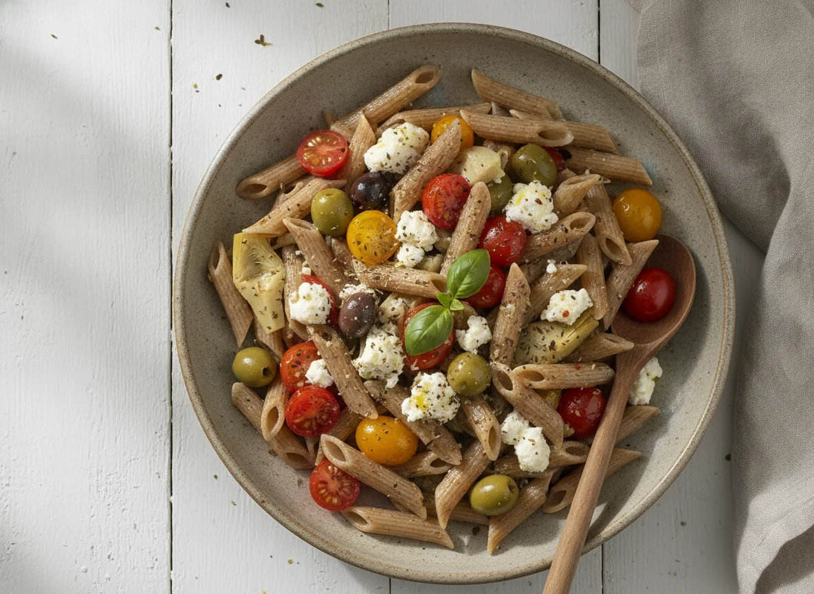 Pasta penne con tomates cherry, aceitunas y queso photo