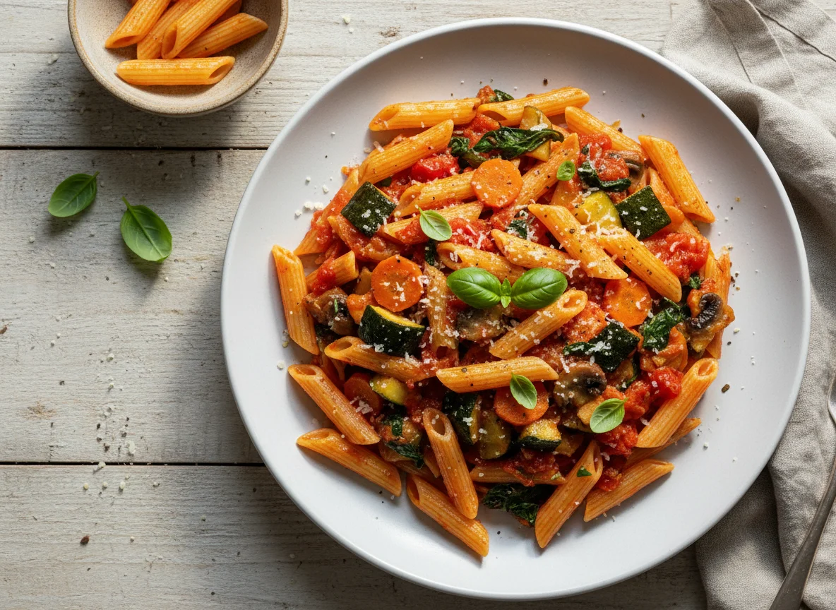 Pasta Penne con Verduras y Salsa de Tomate photo