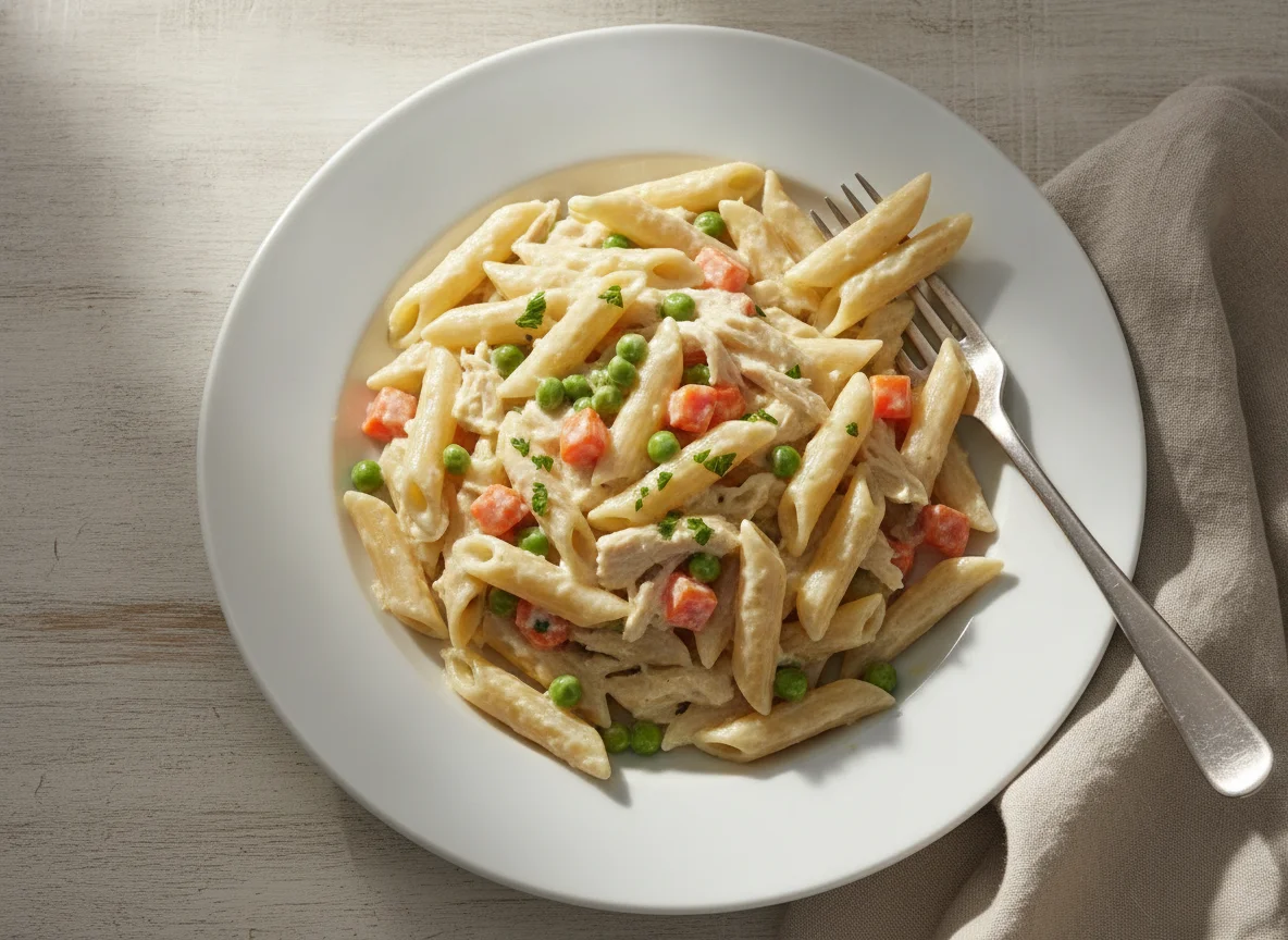 Pasta penne en salsa blanca con vegetales photo