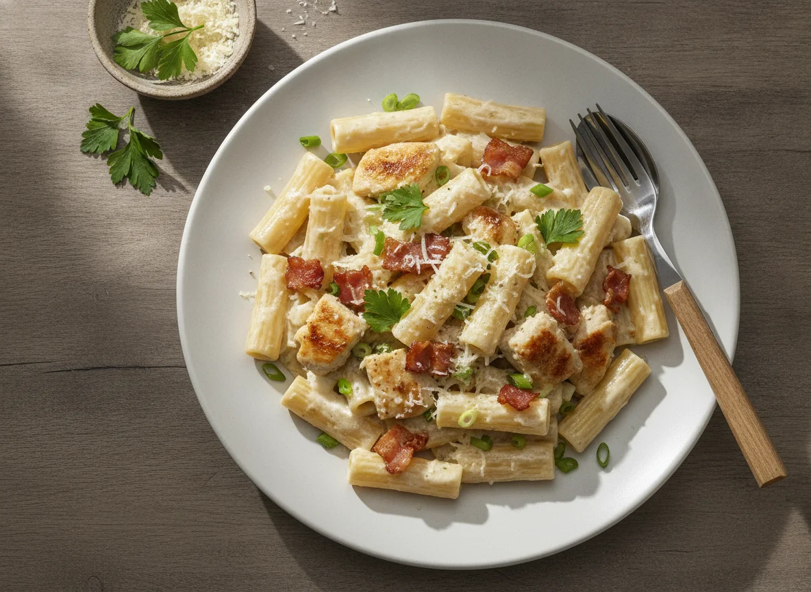 Pasta Rigatoni con Pollo y Salsa Blanca photo